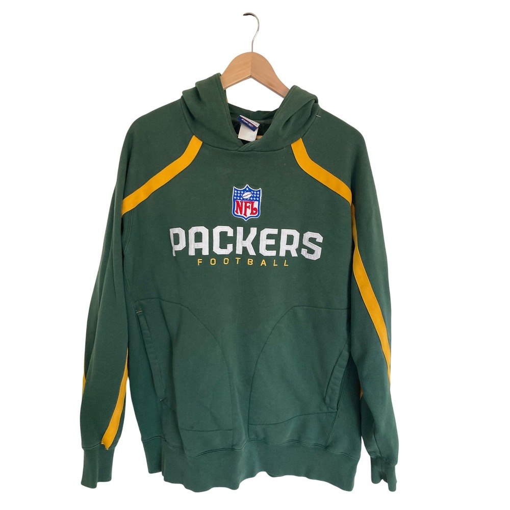VTG Reebok NFL Green Bay Packers Authentic Sideline Hoodie Green Yellow Mens L